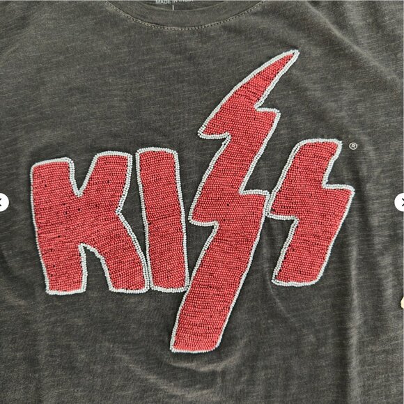 Lucky Brand KISS Beaded Logo Band Tee Vintage Wash Black Size L - Picture 3 of 8